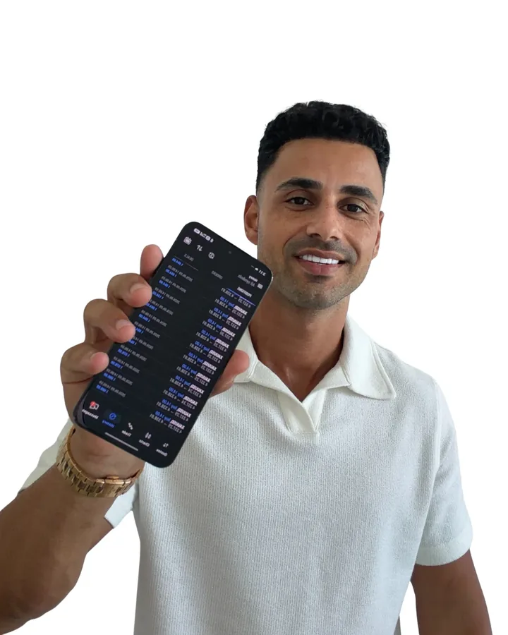 Omar showing live Prime Algo AI trades on his phone